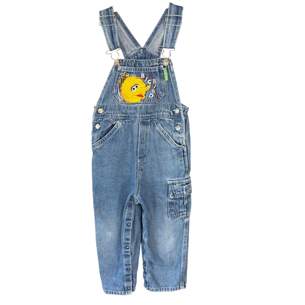 VTG Sesame Street Big Bird Denim Overalls 3T 90s Kids Carpenter Rare Embroidered